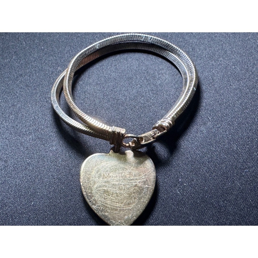 Vintage Coro Double Strand Snake Chain Heart Pendant Bracelet Mickey Engraved